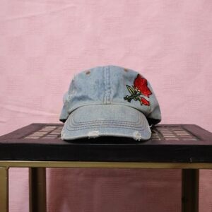 David and Young Blue Denim Hat with Red Rose Embroidery